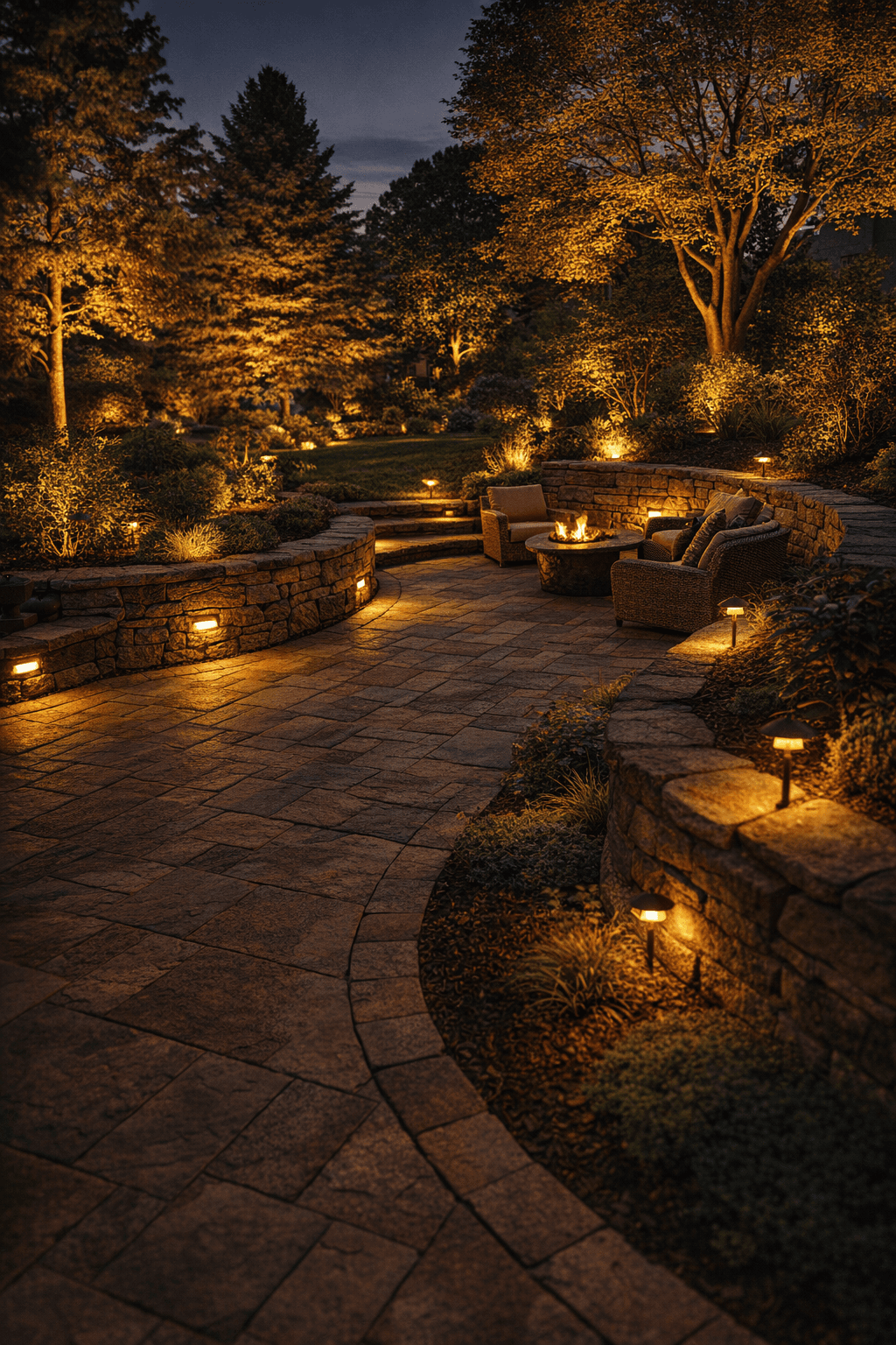A moody dusk landscape lighting scene showing a beautifully designed patio with warm amber pathway lights, stone retaining walls, and trees illuminated by accent lighting