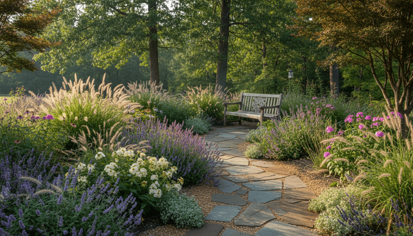 Lush perennial garden with winding path and soft morning light