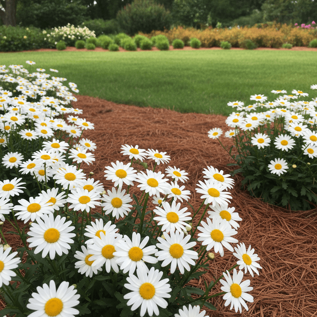 White daisies with yellow centers bloom in a garden bed covered with brown pine straw.