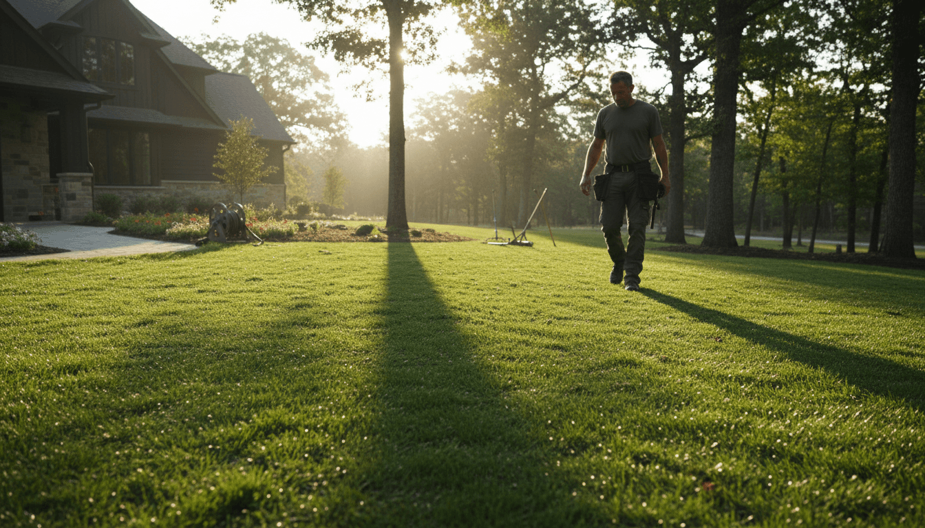 Landscaper inspecting fresh sod installation at a residential property in Canton