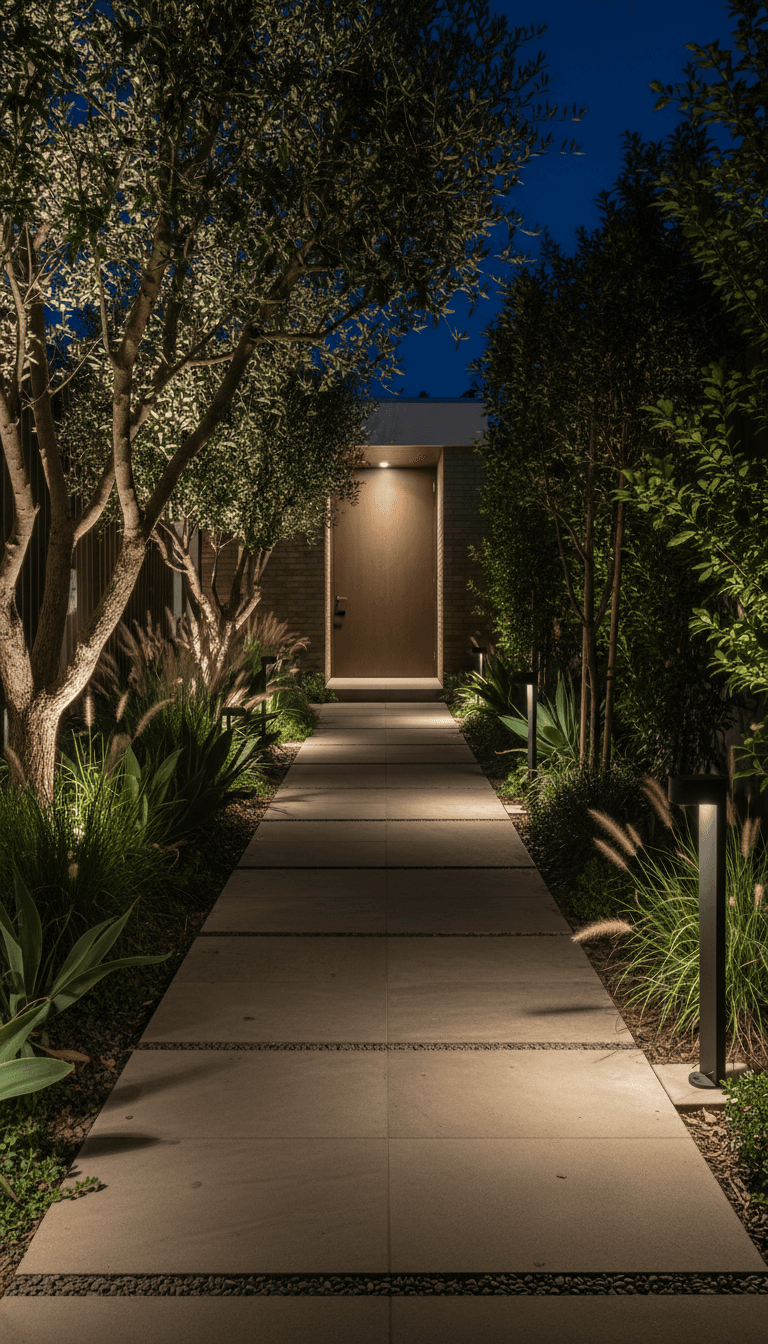 Contemporary home side garden pathway at night illuminated with integrated ground and accent lighting among native plantings