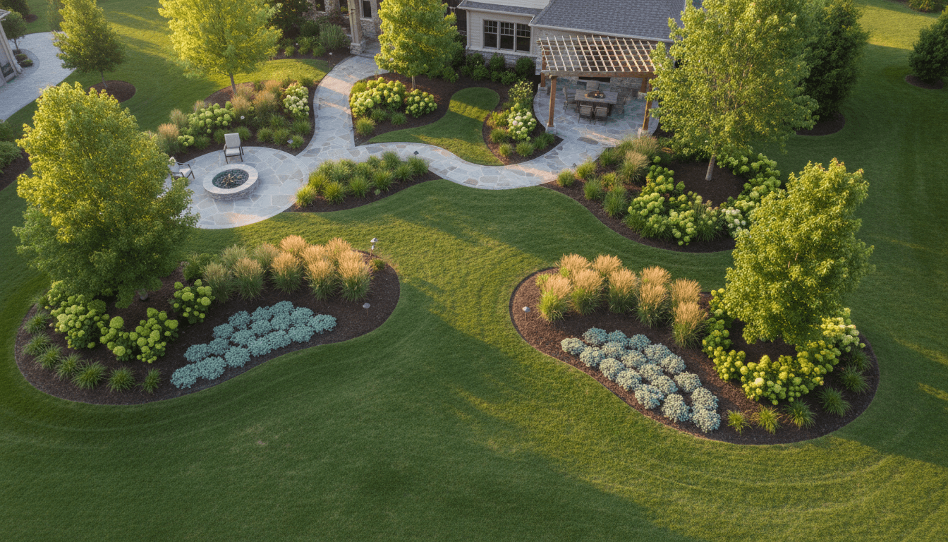 Overhead view of completed residential landscape design showing integrated plantings, hardscape, and lighting elements