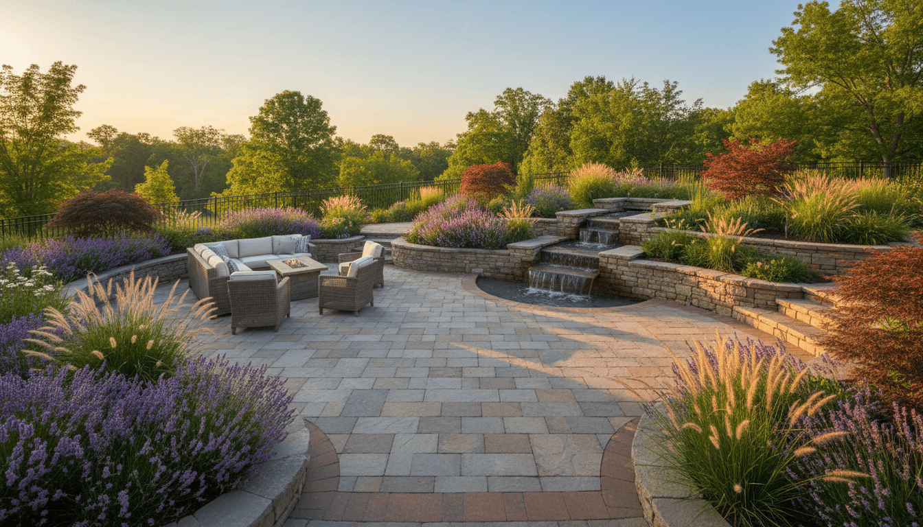 Completed residential backyard with stone patio, tiered plantings, water feature, and lush gardens in evening light