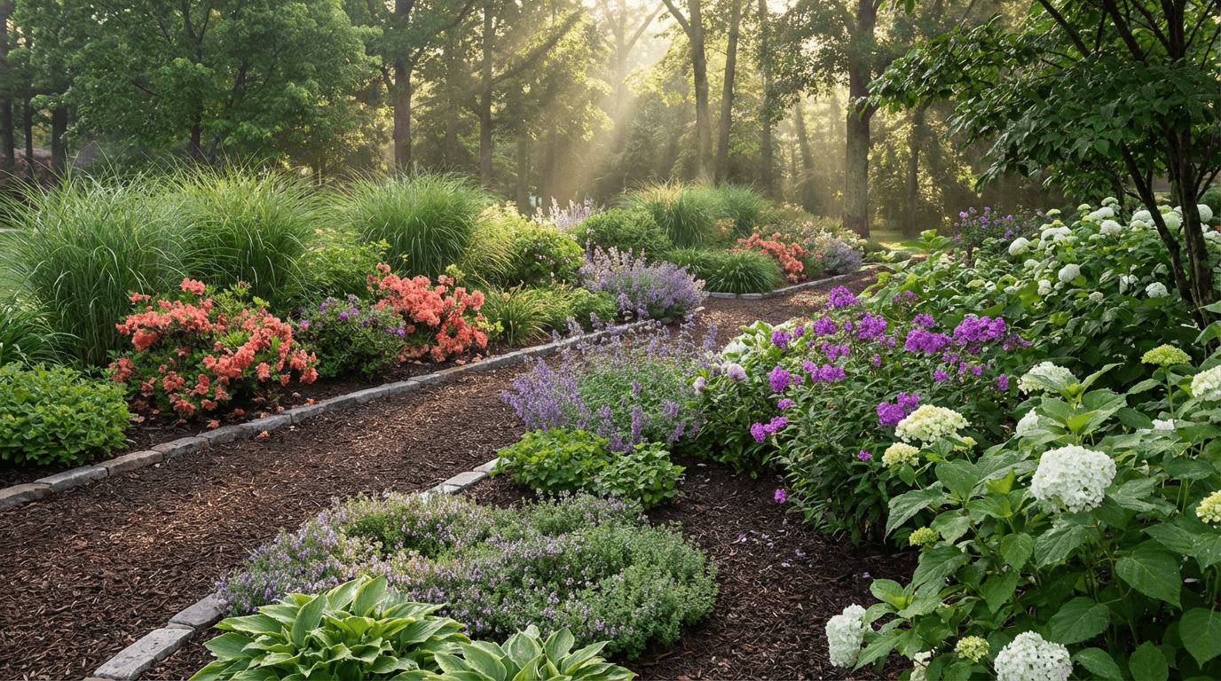 Lush garden bed with layered flowering plants, green foliage, and morning light creating soft shadows across manicured landscape.