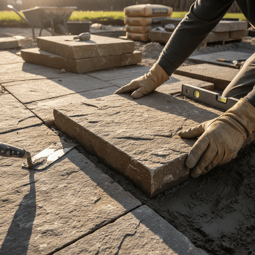 Landscape craftsperson's hands precisely installing stone pavers with mortar in professional hardscape installation