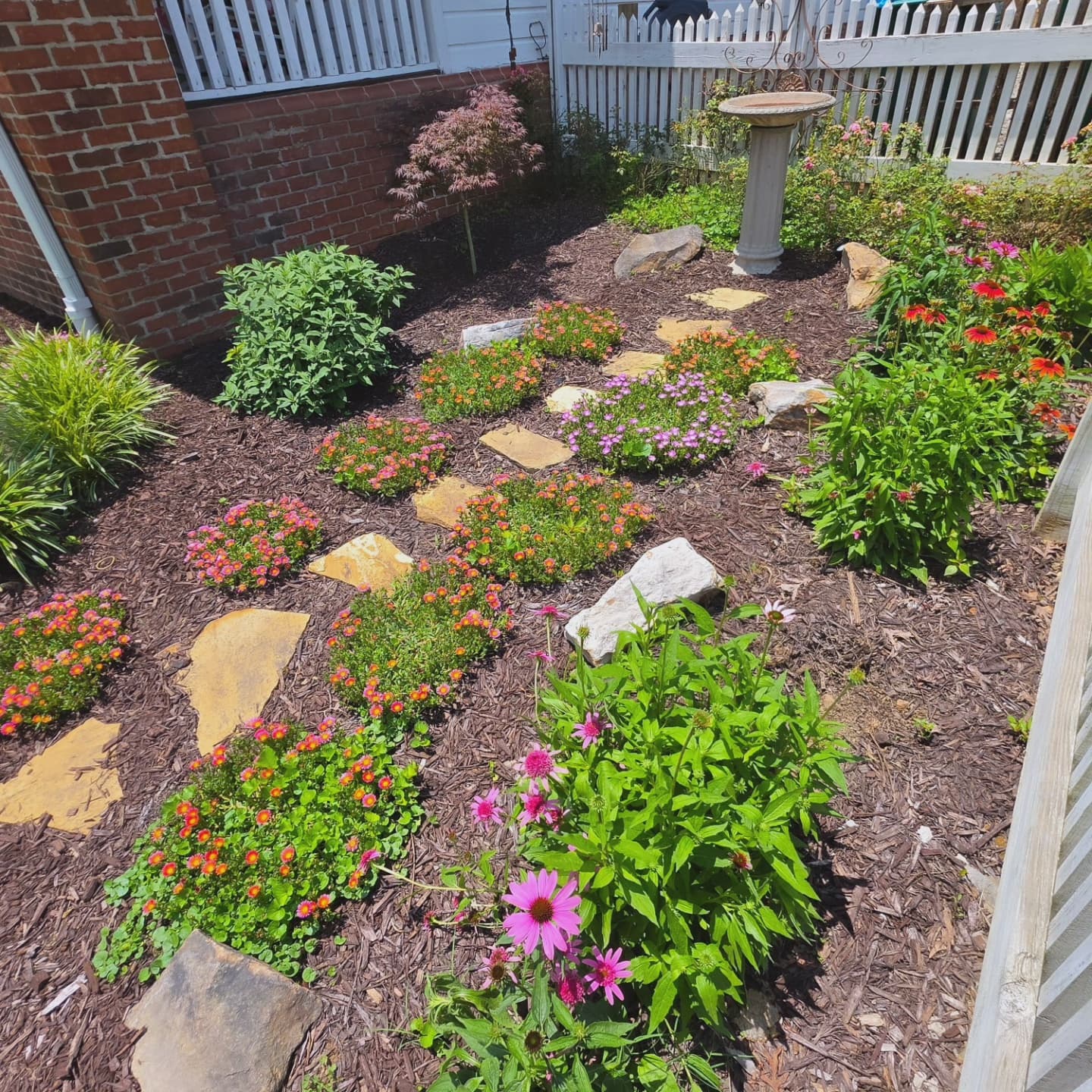 Colorful flowers and stepping stones in a mulched garden bed beside a white picket fence.