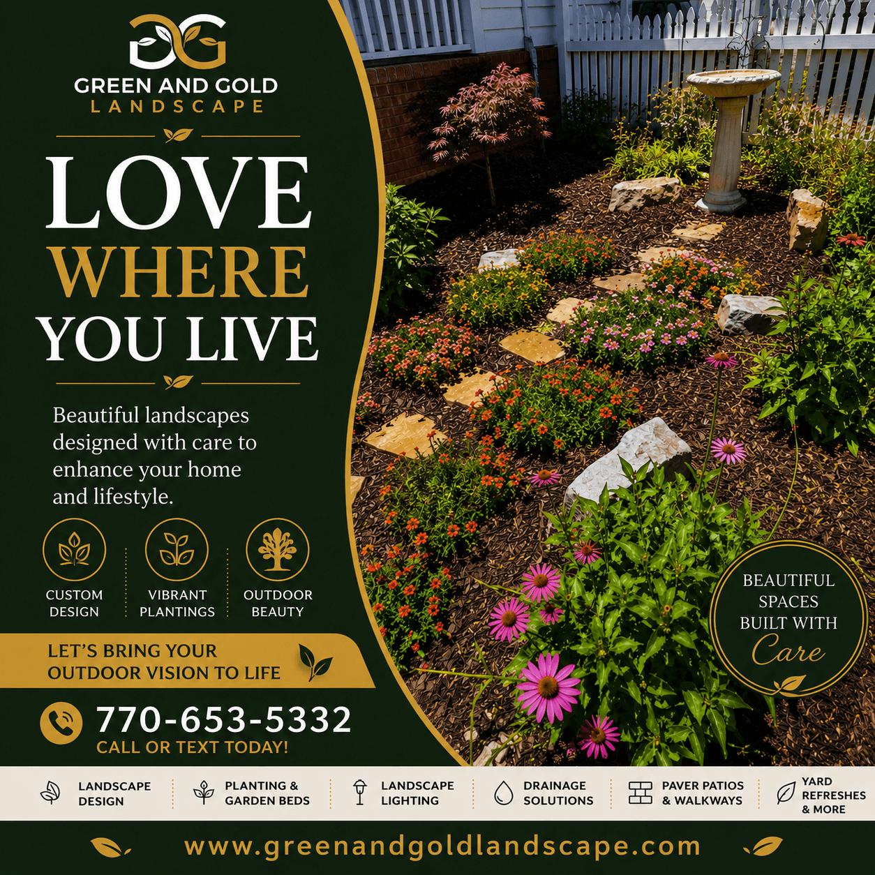 Landscaping service advertisement showcasing a vibrant flower garden with stepping stones and a birdbath.
