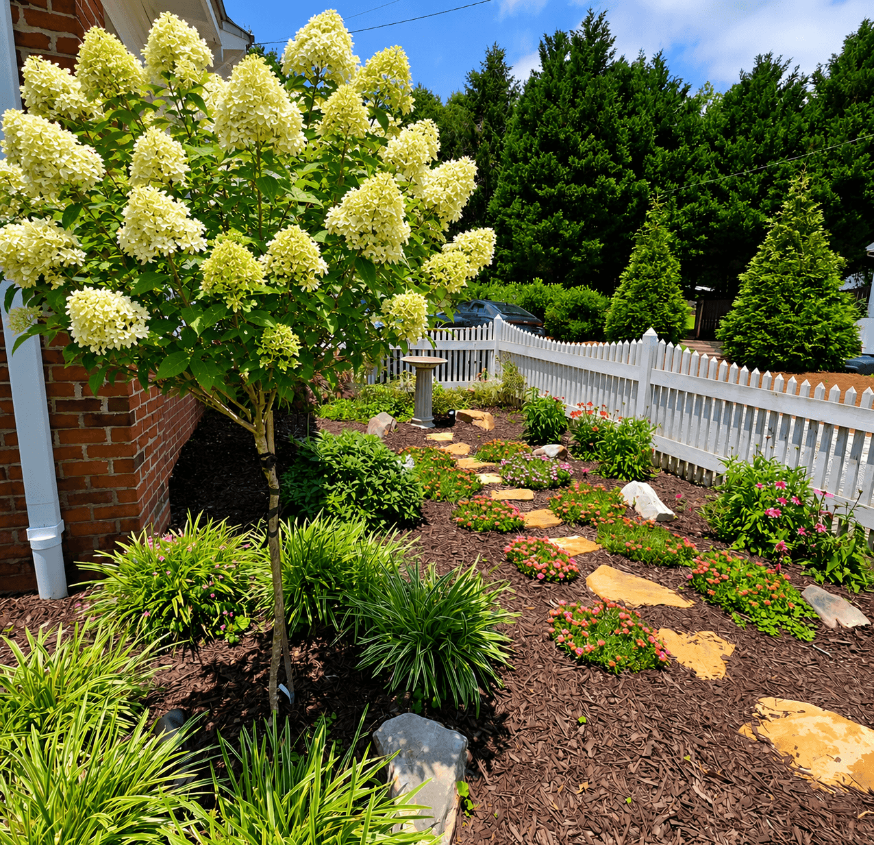 White hydrangea tree in a garden with stepping stones and a white picket fence.