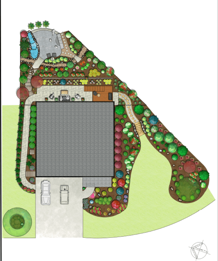 Overhead architectural drawing of a residential landscape with lush gardens, stone walkways, and patio.