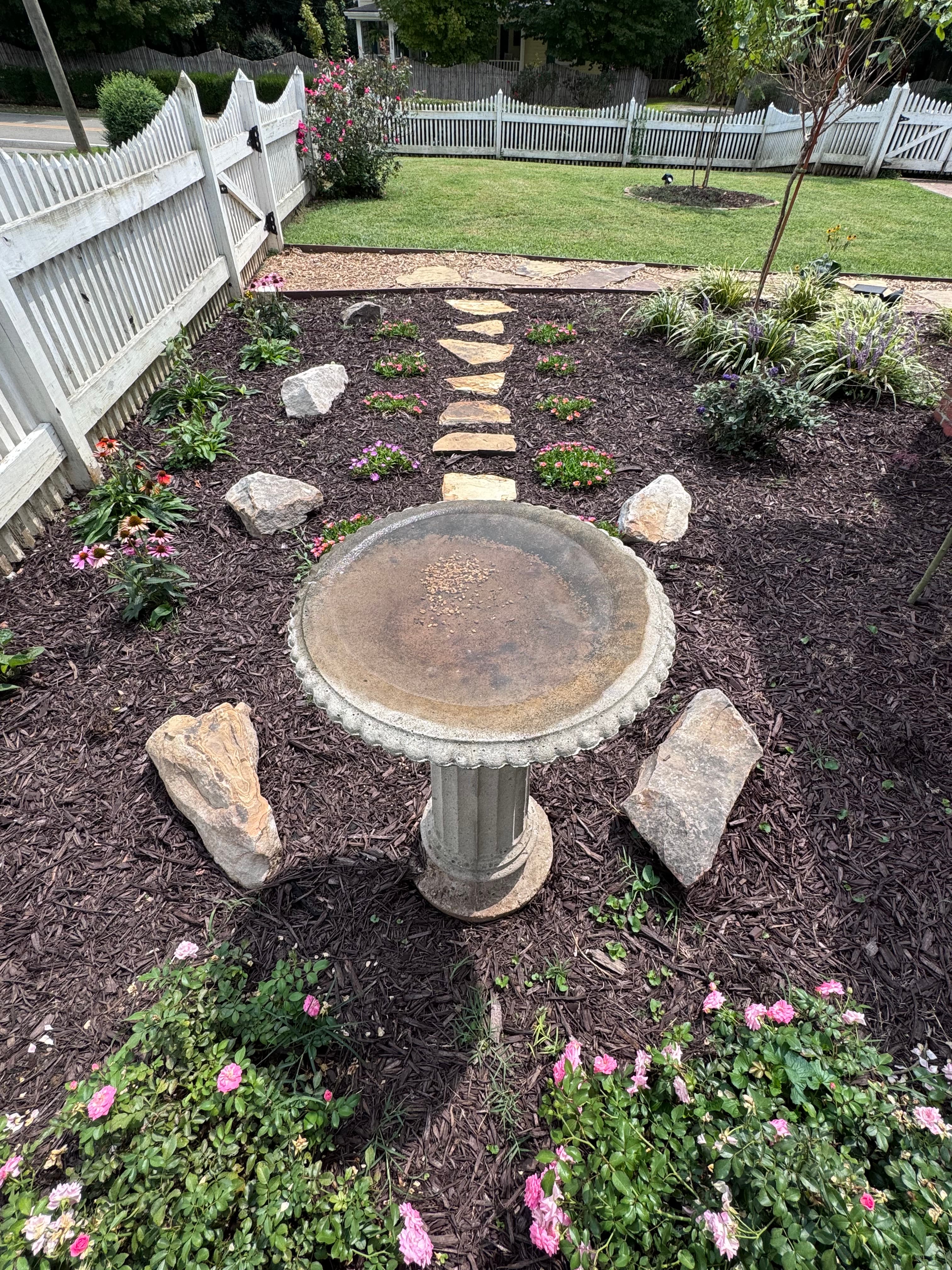 Stone birdbath in a mulched garden bed surrounded by rocks and small pink flowers.